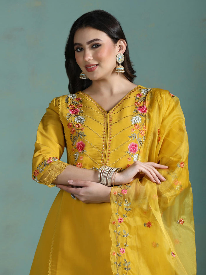 Women Silk Blend Mustard Embroidered Kurta Comfort Pant Dupatta.