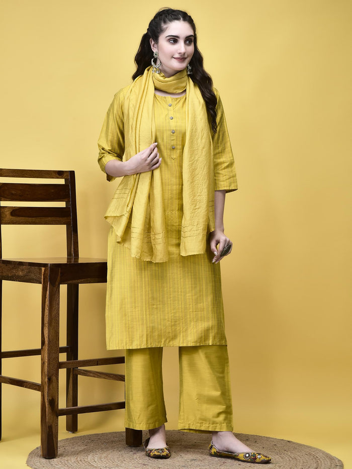 Women Silk Blend Mustard Stripe Print Kurta Comfort Pant Dupatta.