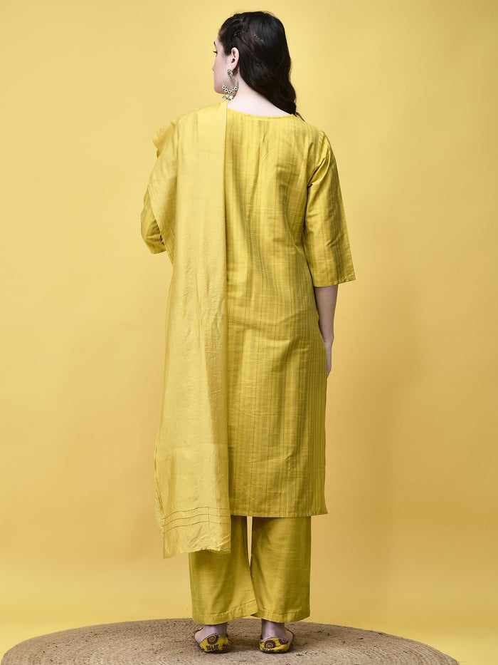 Women Silk Blend Mustard Stripe Print Kurta Comfort Pant Dupatta.