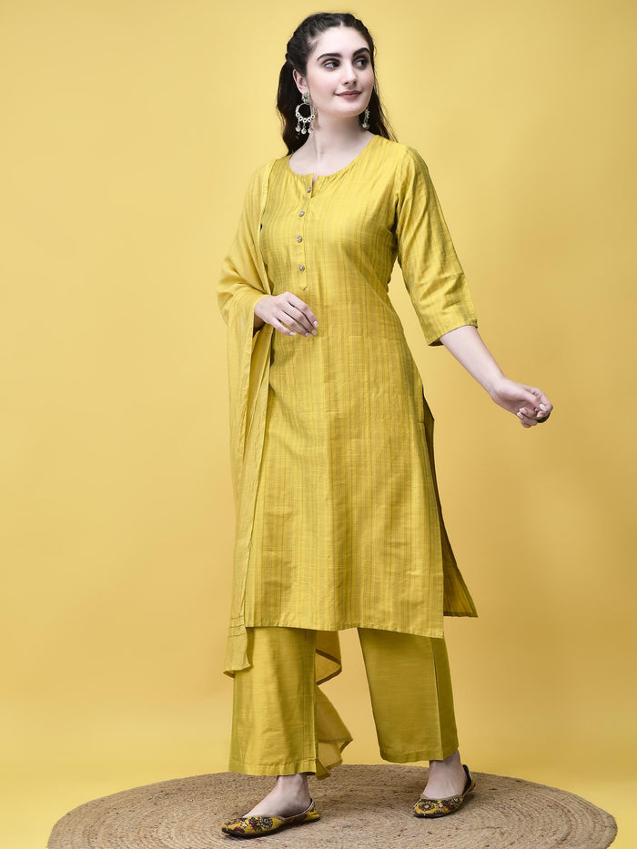 Women Silk Blend Mustard Stripe Print Kurta Comfort Pant Dupatta.