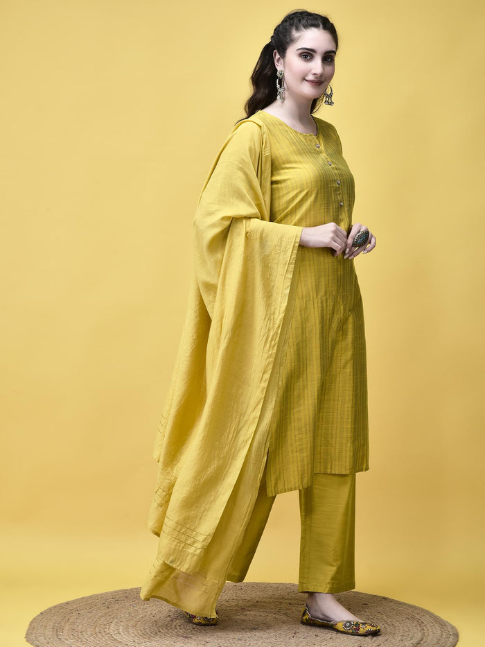 Women Silk Blend Mustard Stripe Print Kurta Comfort Pant Dupatta.