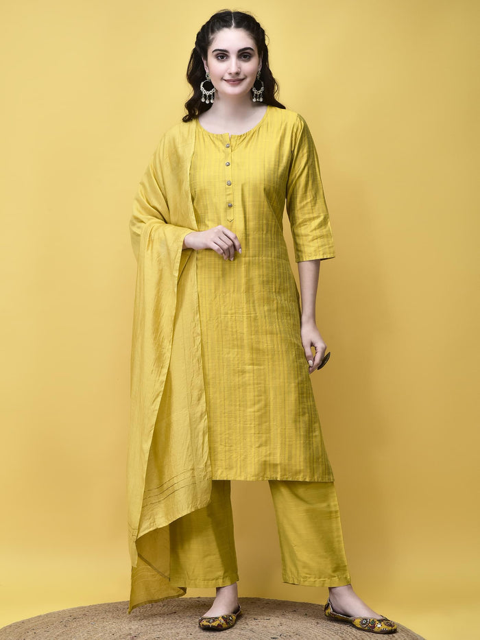 Women Silk Blend Mustard Stripe Print Kurta Comfort Pant Dupatta.