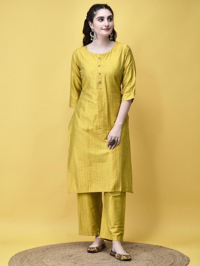 Women Silk Blend Mustard Stripe Print Kurta Comfort Pant Dupatta.