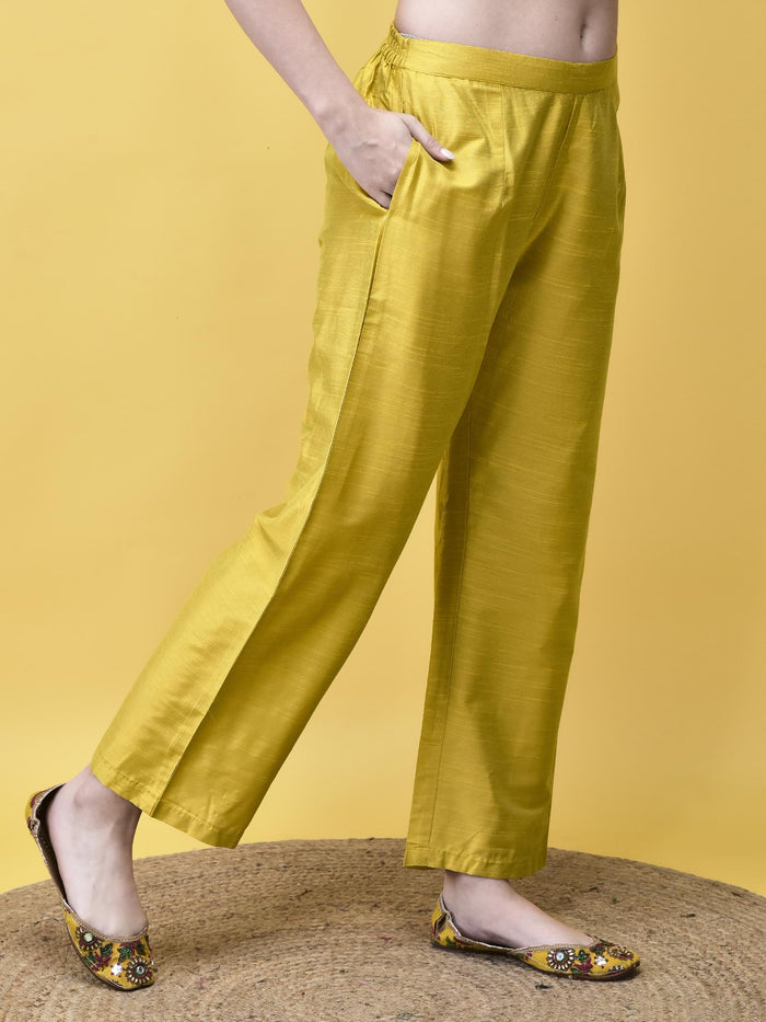 Women Silk Blend Mustard Stripe Print Kurta Comfort Pant Dupatta.