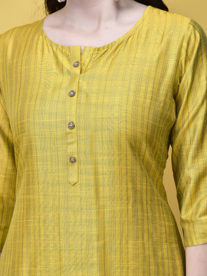 Women Silk Blend Mustard Stripe Print Kurta Comfort Pant Dupatta.