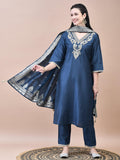 Women Silk Blend Navy Blue Embroidered Kurta Trouser with Dola Jacquard Dupatta.