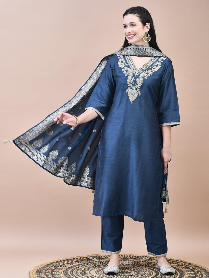 Women Silk Blend Navy Blue Embroidered Kurta Trouser with Dola Jacquard Dupatta.
