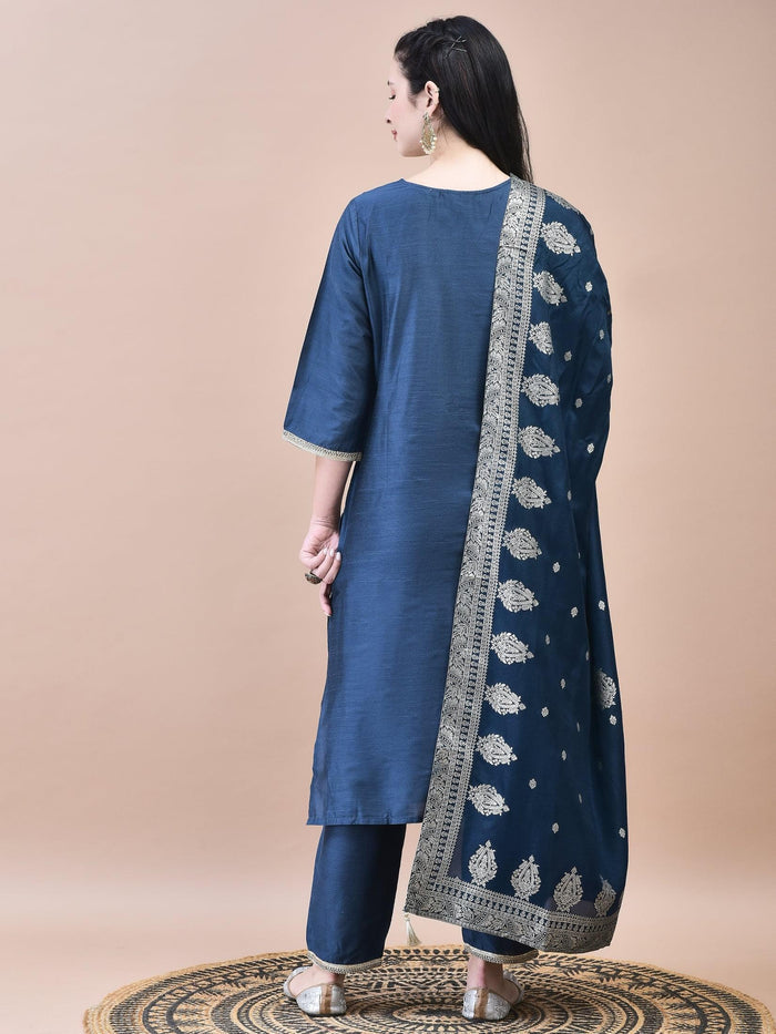 Women Silk Blend Navy Blue Embroidered Kurta Trouser with Dola Jacquard Dupatta.