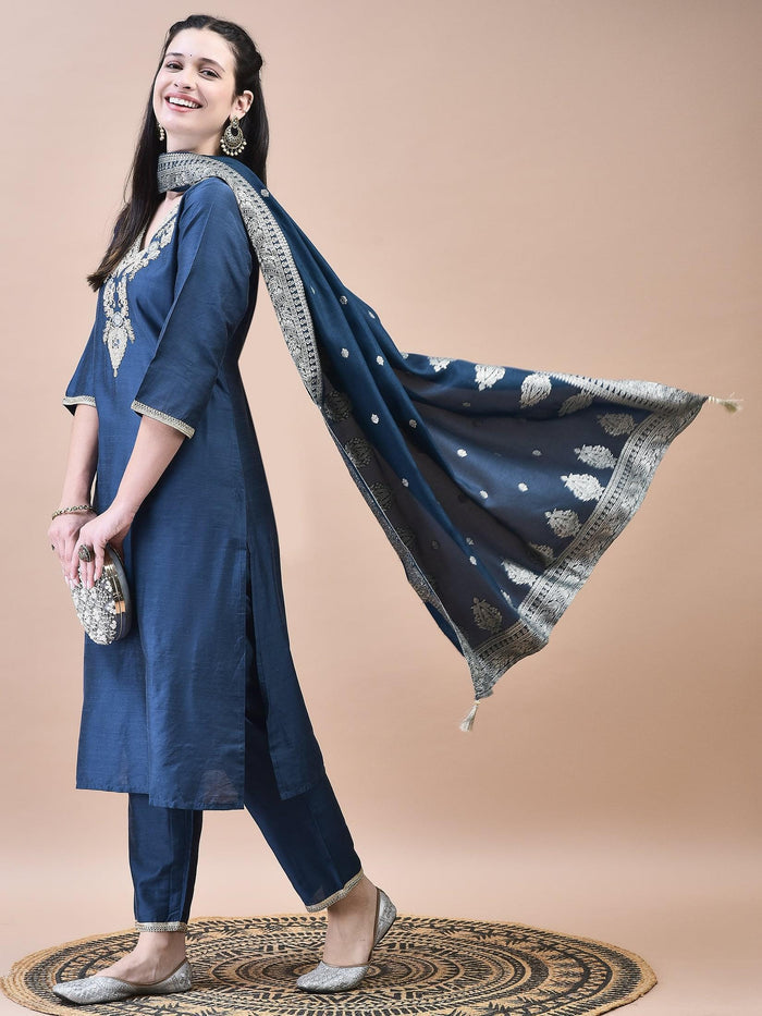 Women Silk Blend Navy Blue Embroidered Kurta Trouser with Dola Jacquard Dupatta.