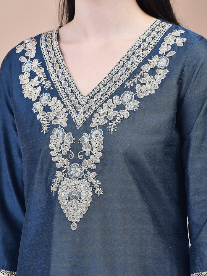 Women Silk Blend Navy Blue Embroidered Kurta Trouser with Dola Jacquard Dupatta.