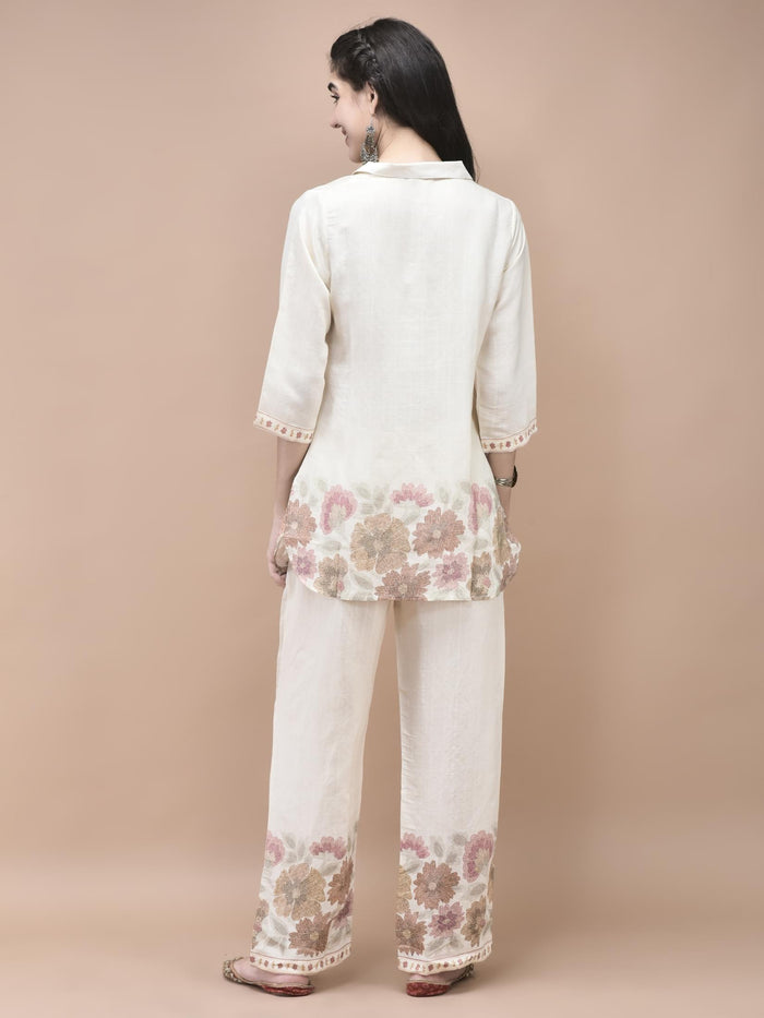 Women Silk Blend Off White Floral Print Co-Ord Set.