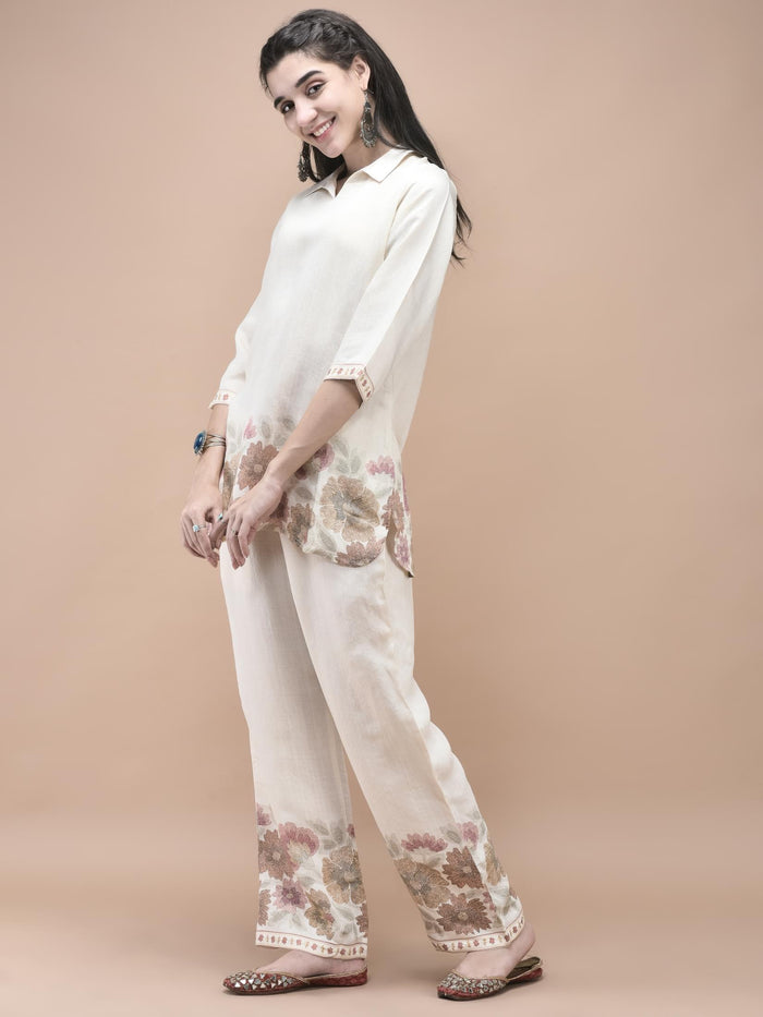 Women Silk Blend Off White Floral Print Co-Ord Set.