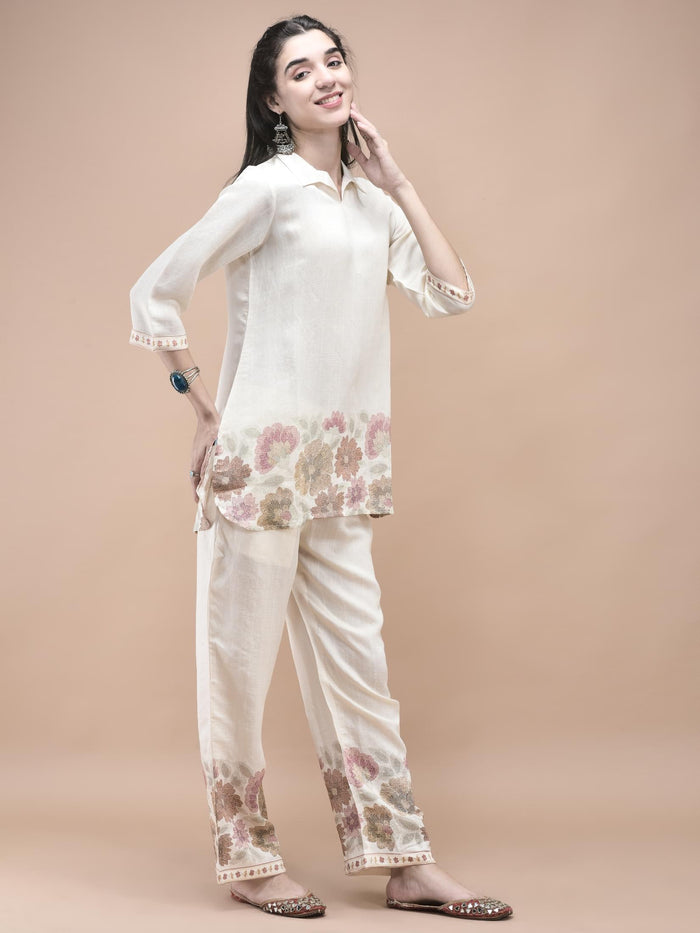 Women Silk Blend Off White Floral Print Co-Ord Set.