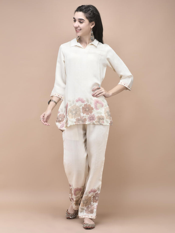 Women Silk Blend Off White Floral Print Co-Ord Set.