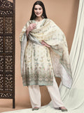 Women Silk Blend Off White Floral Print Kurta Comfort Pant Dupatta.