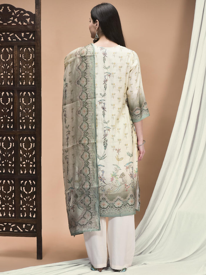 Women Silk Blend Off White Floral Print Kurta Comfort Pant Dupatta.