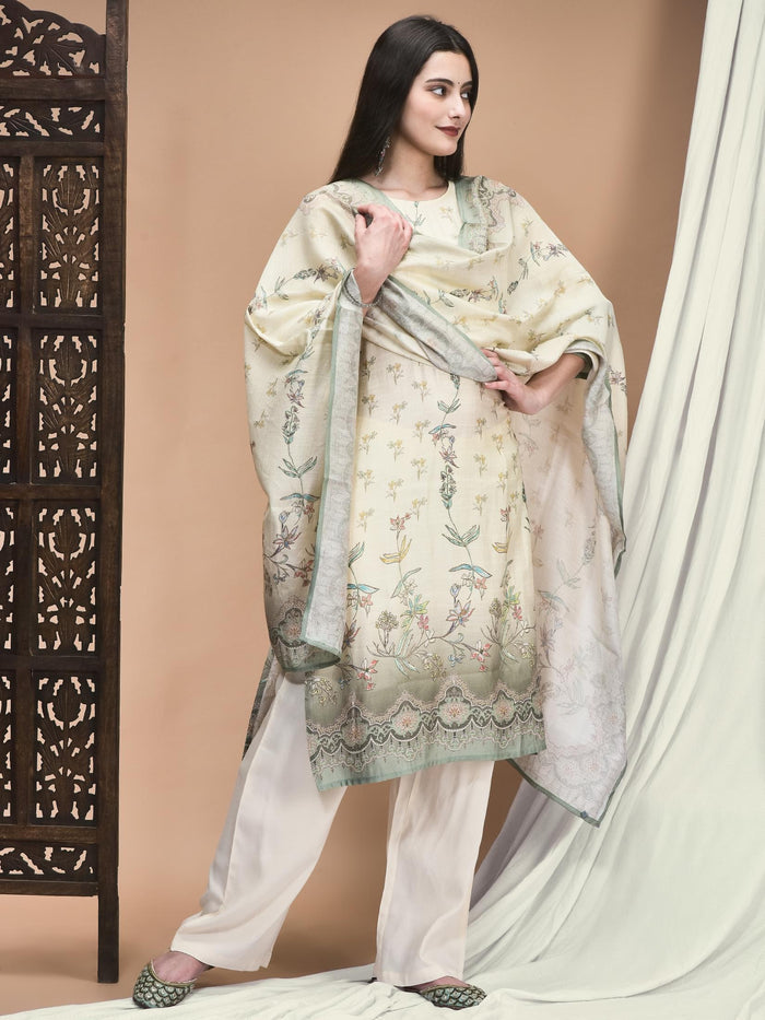 Women Silk Blend Off White Floral Print Kurta Comfort Pant Dupatta.