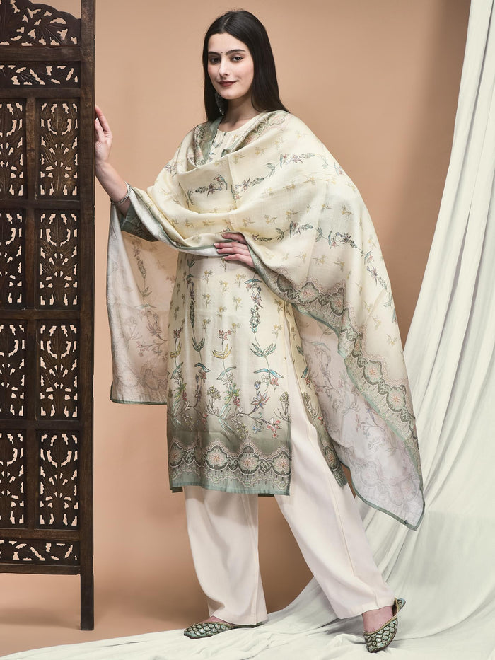 Women Silk Blend Off White Floral Print Kurta Comfort Pant Dupatta.