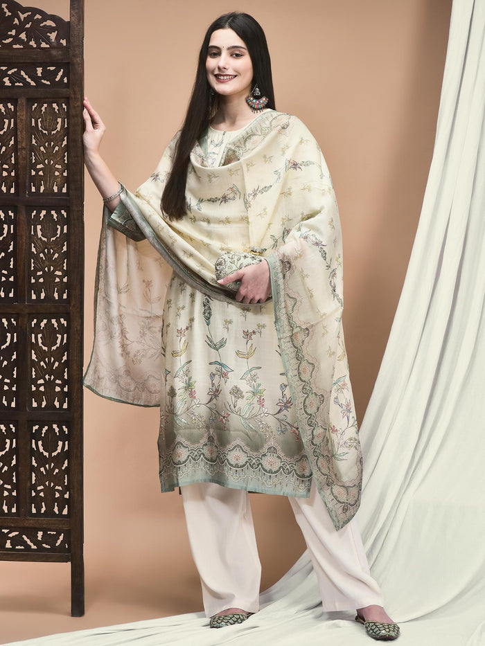 Women Silk Blend Off White Floral Print Kurta Comfort Pant Dupatta.