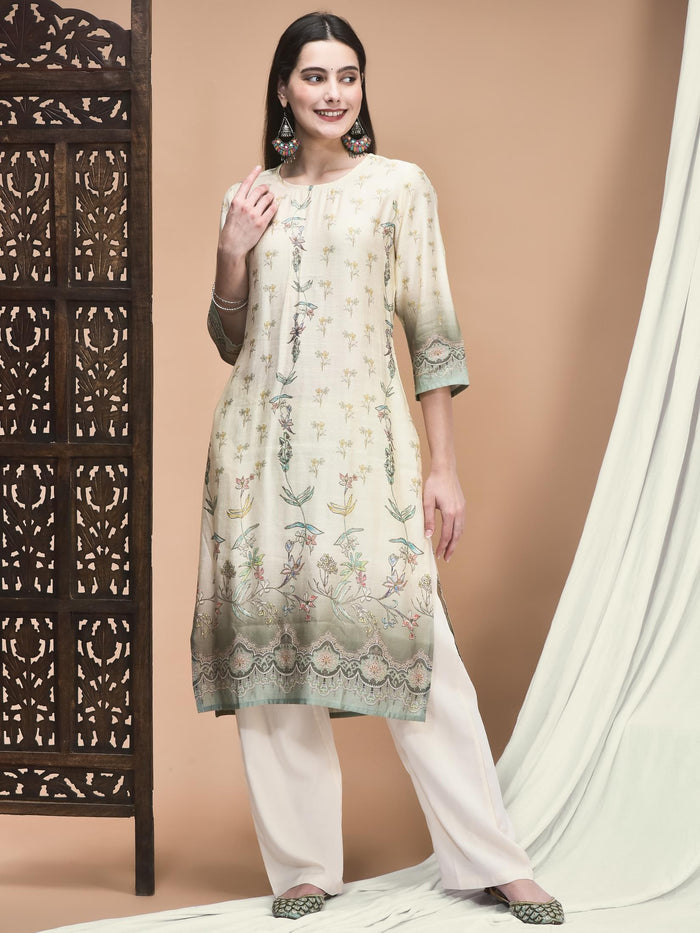 Women Silk Blend Off White Floral Print Kurta Comfort Pant Dupatta.