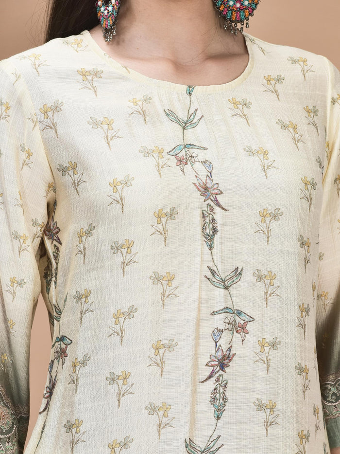 Women Silk Blend Off White Floral Print Kurta Comfort Pant Dupatta.