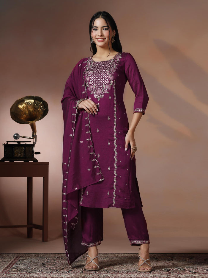 Women Silk Blend Orchid Embroidered Kurta Comfort Pant Dupatta.