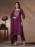 Women Silk Blend Orchid Embroidered Kurta Comfort Pant Dupatta.