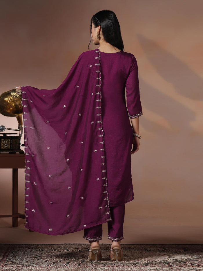 Women Silk Blend Orchid Embroidered Kurta Comfort Pant Dupatta.