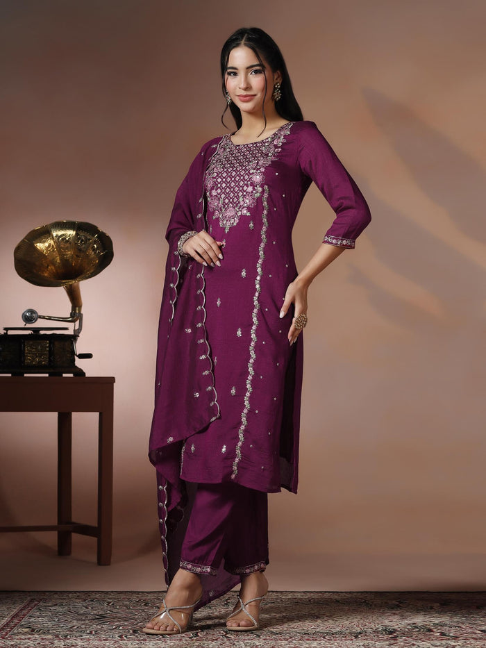 Women Silk Blend Orchid Embroidered Kurta Comfort Pant Dupatta.