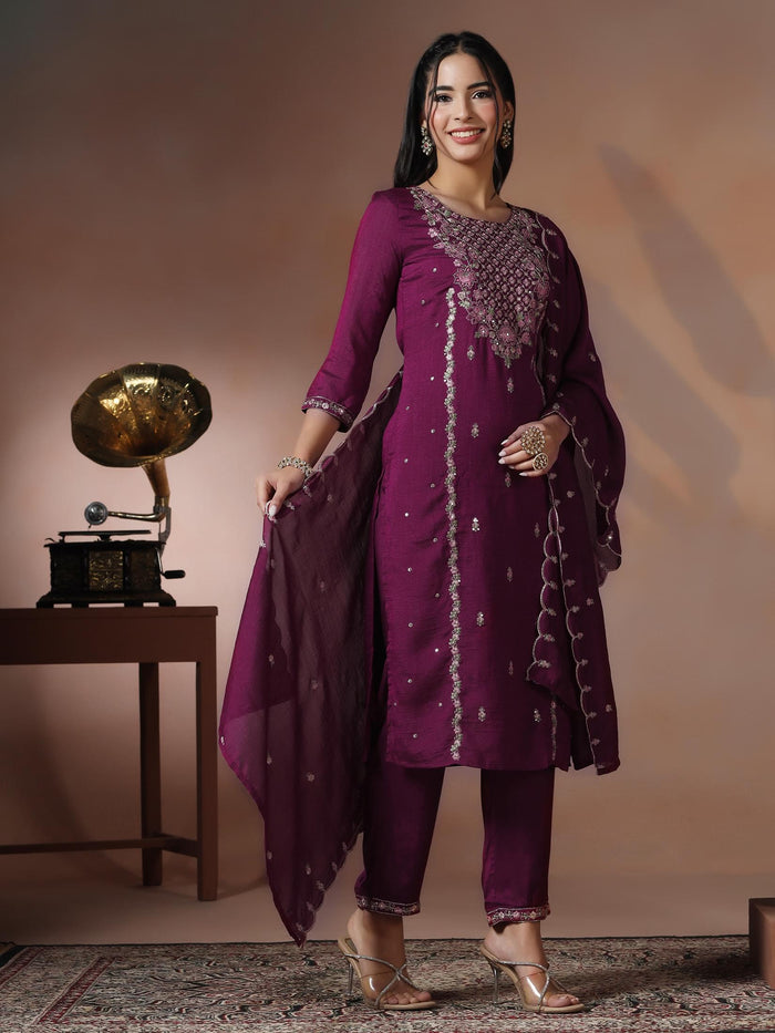 Women Silk Blend Orchid Embroidered Kurta Comfort Pant Dupatta.