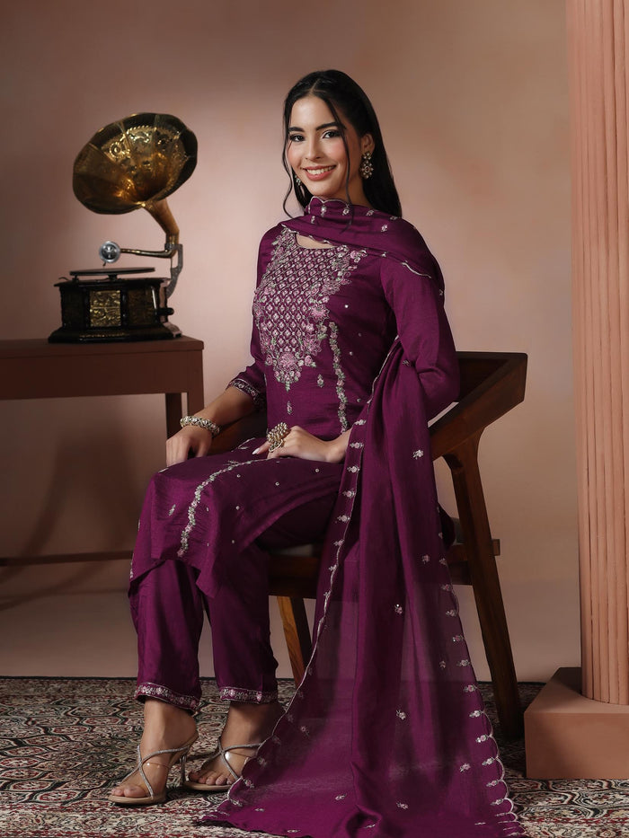 Women Silk Blend Orchid Embroidered Kurta Comfort Pant Dupatta.