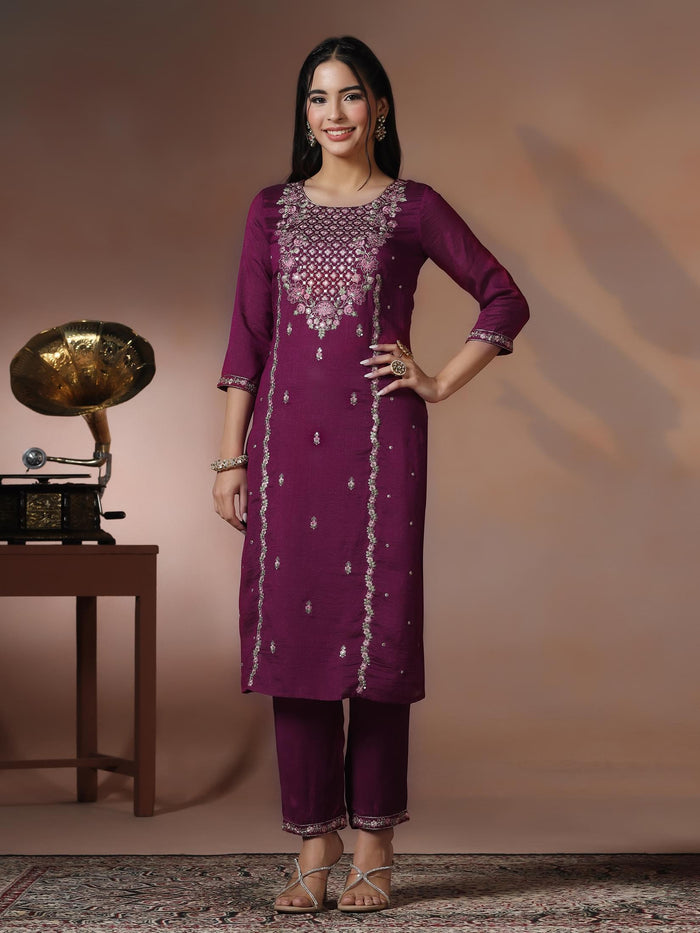 Women Silk Blend Orchid Embroidered Kurta Comfort Pant Dupatta.
