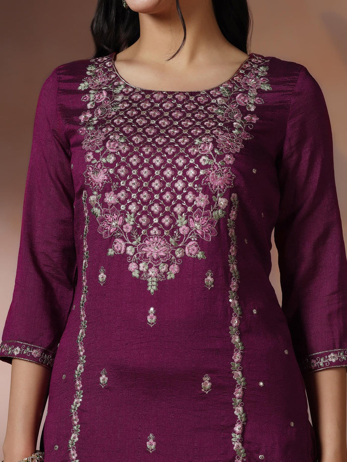 Women Silk Blend Orchid Embroidered Kurta Comfort Pant Dupatta.