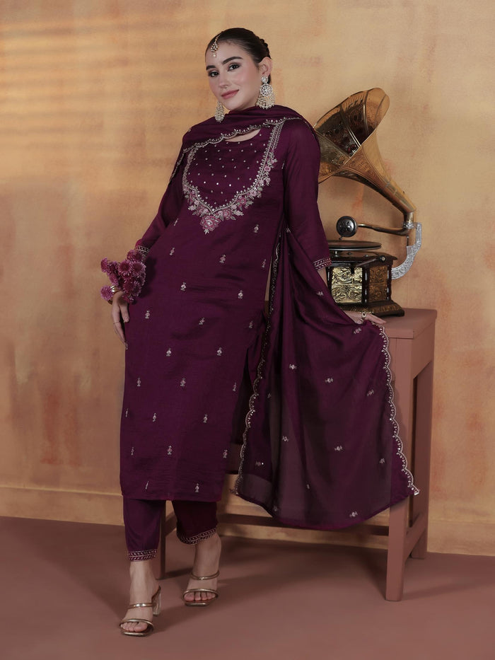 Women Silk Blend Orchid Embroidered Kurta With Comfort Pant Dupatta.