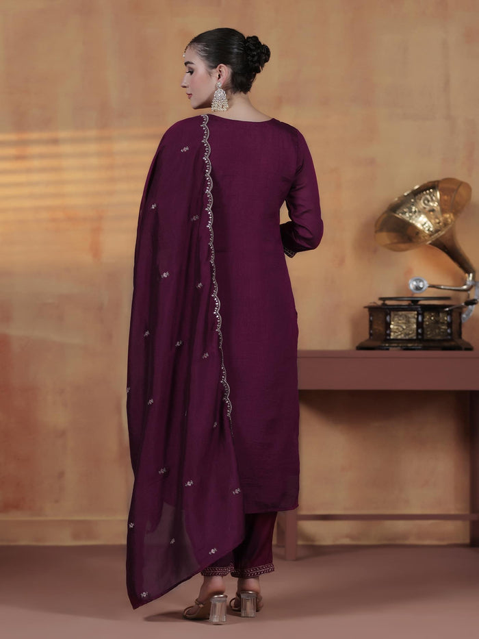 Women Silk Blend Orchid Embroidered Kurta With Comfort Pant Dupatta.