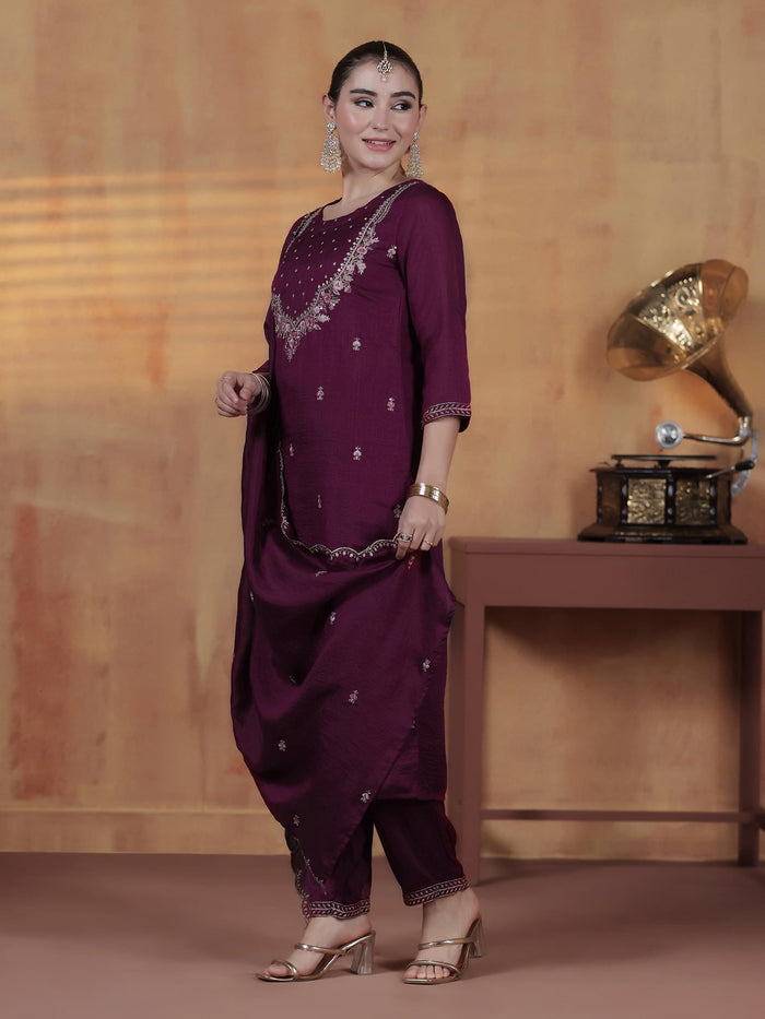Women Silk Blend Orchid Embroidered Kurta With Comfort Pant Dupatta.