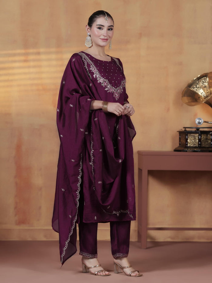Women Silk Blend Orchid Embroidered Kurta With Comfort Pant Dupatta.