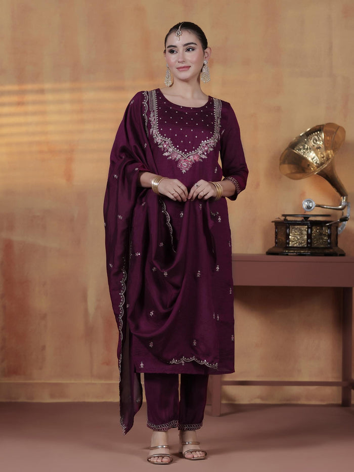 Women Silk Blend Orchid Embroidered Kurta With Comfort Pant Dupatta.