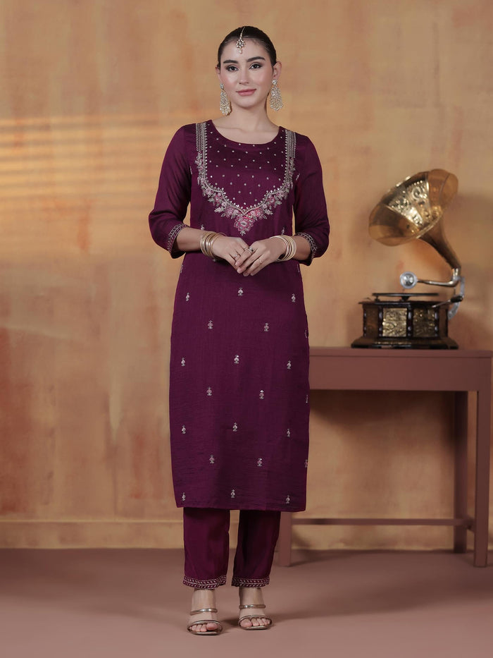 Women Silk Blend Orchid Embroidered Kurta With Comfort Pant Dupatta.