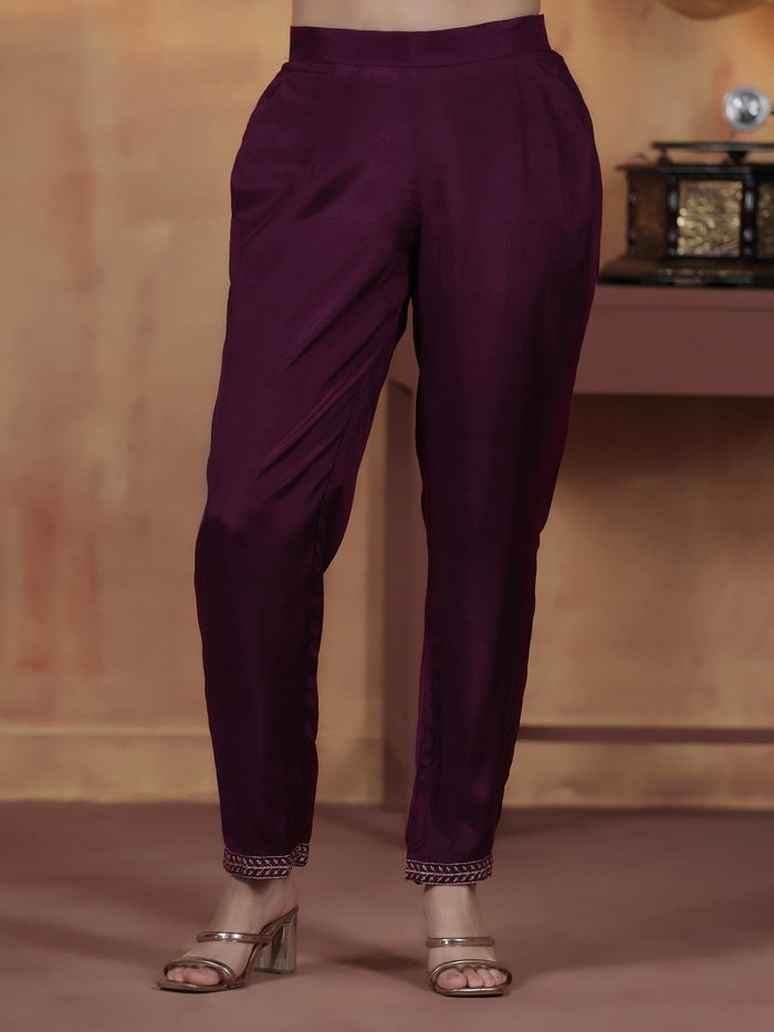 Women Silk Blend Orchid Embroidered Kurta With Comfort Pant Dupatta.