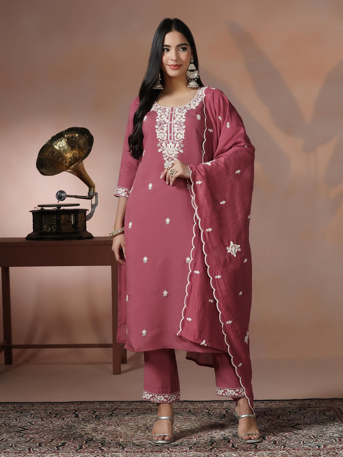 Women Silk Blend Peach Embroidered Kurta Comfort Pant Dupatta.
