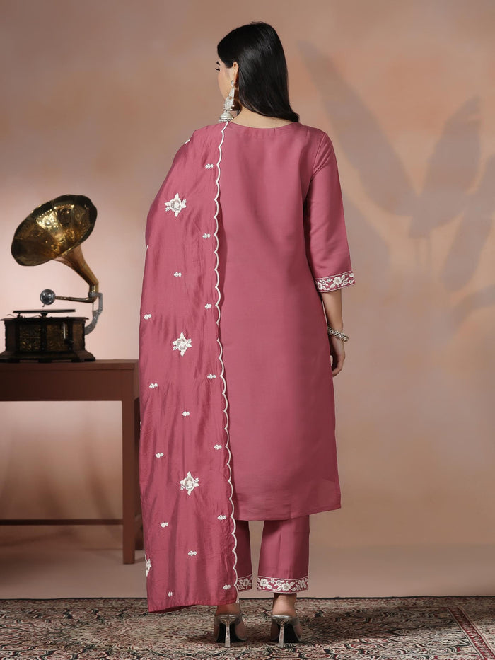 Women Silk Blend Peach Embroidered Kurta Comfort Pant Dupatta.