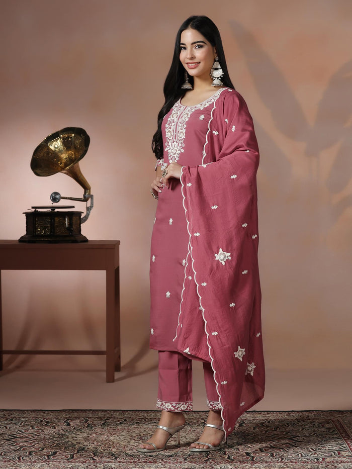 Women Silk Blend Peach Embroidered Kurta Comfort Pant Dupatta.