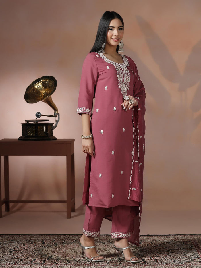 Women Silk Blend Peach Embroidered Kurta Comfort Pant Dupatta.