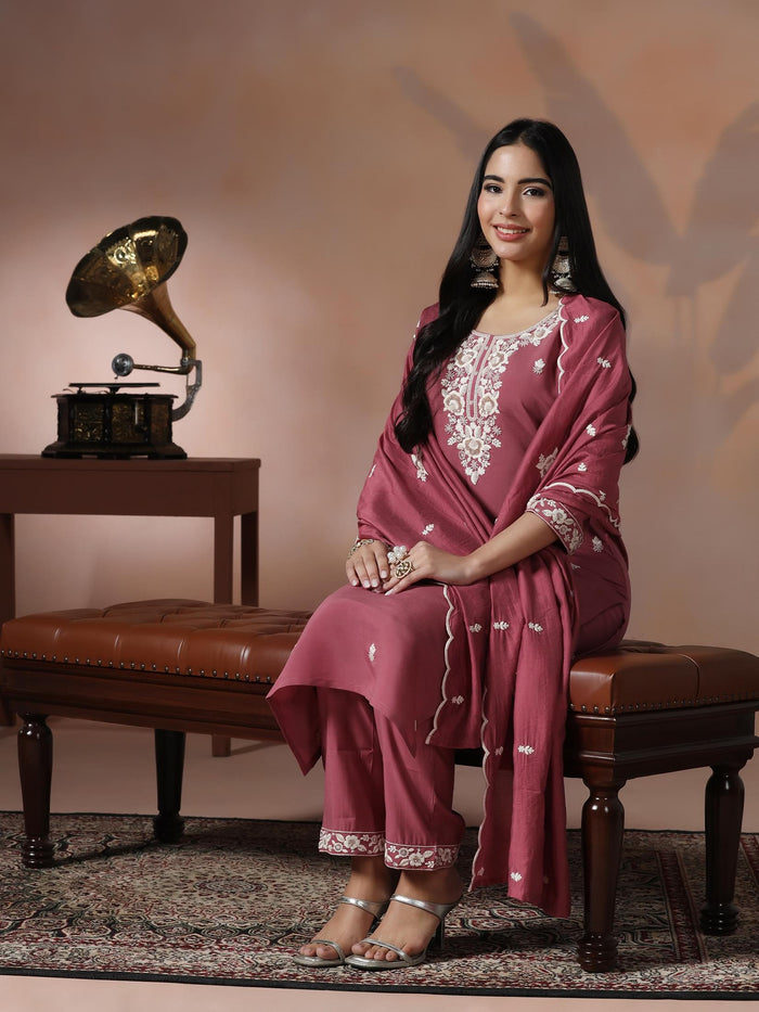 Women Silk Blend Peach Embroidered Kurta Comfort Pant Dupatta.