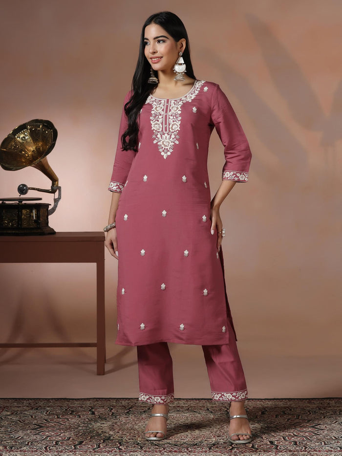 Women Silk Blend Peach Embroidered Kurta Comfort Pant Dupatta.