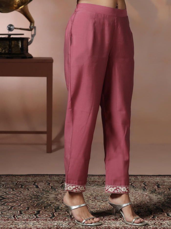 Women Silk Blend Peach Embroidered Kurta Comfort Pant Dupatta.