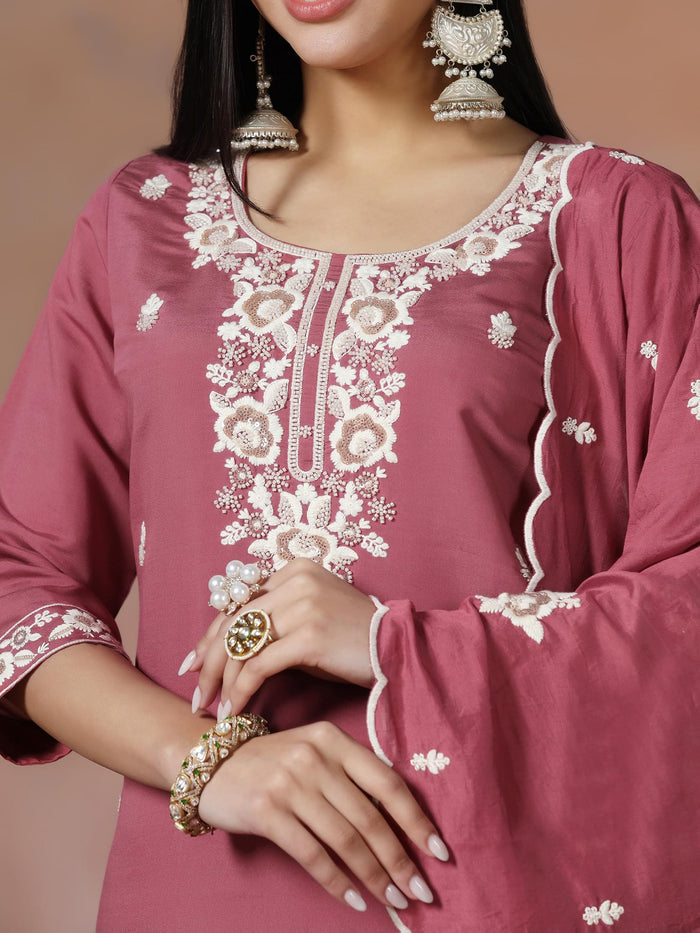 Women Silk Blend Peach Embroidered Kurta Comfort Pant Dupatta.