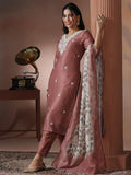 Women Silk Blend Peach Embroidered Kurta Comfort Pant With Dupatta.