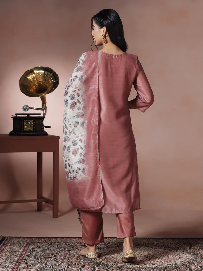 Women Silk Blend Peach Embroidered Kurta Comfort Pant With Dupatta.